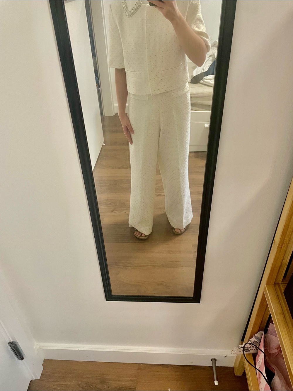 Sandro Paris Cream High-Waist Wide-Leg Pants Rhinestones embellished two-piece - Picture 2 of 4